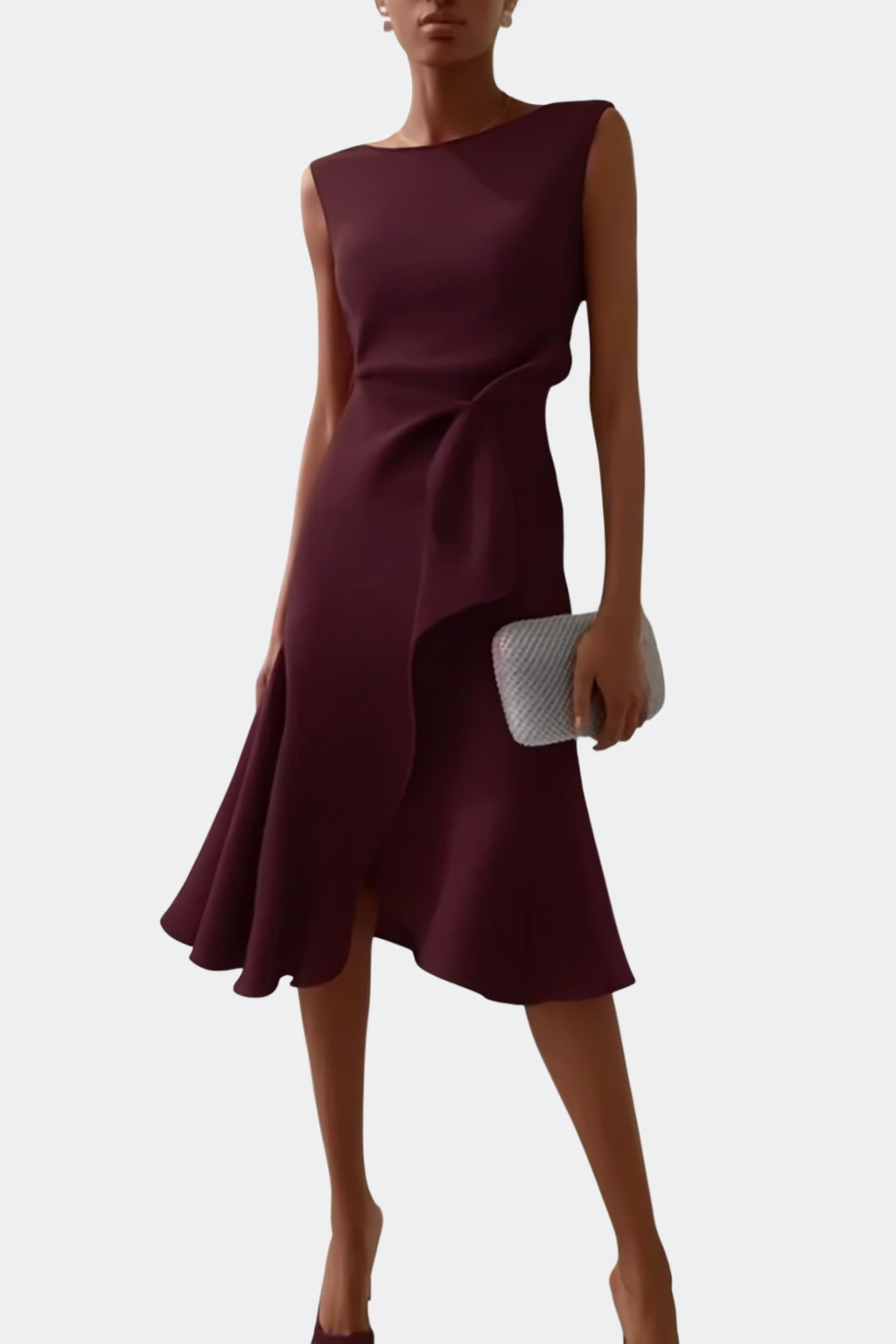 Burgundy sleeveless midi dress with flowing asymmetric hemline