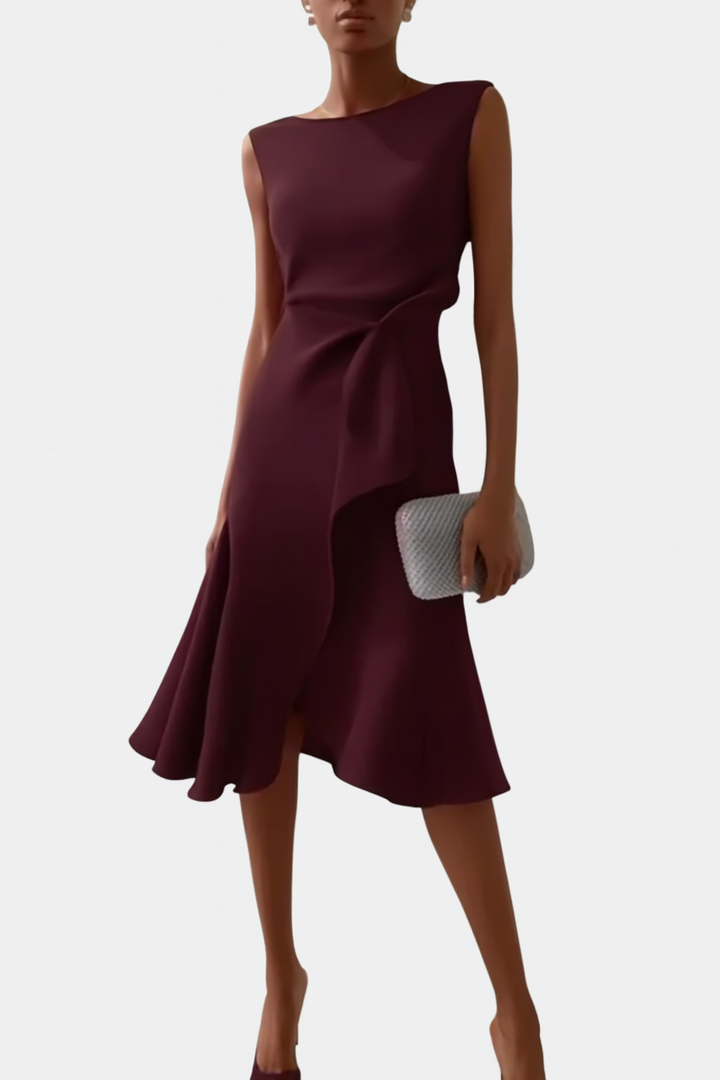 Burgundy sleeveless midi dress with flowing asymmetric hemline