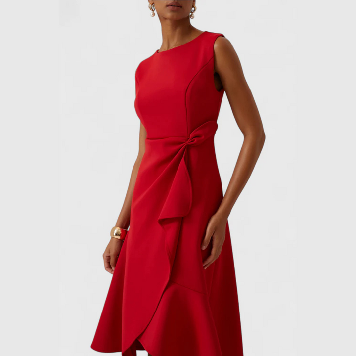 Scarlet red sleeveless midi dress with draped waist bow detail