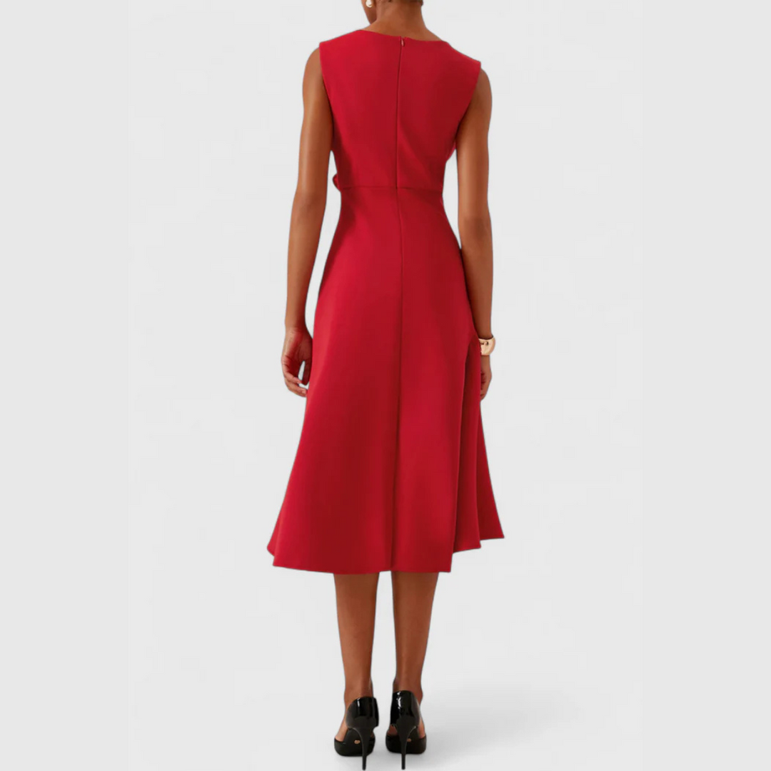 Red sleeveless midi dress rear view showing fitted bodice and A-line skirt