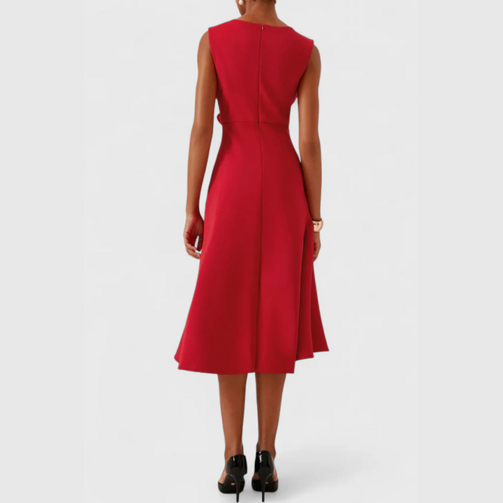 Red sleeveless midi dress rear view showing fitted bodice and A-line skirt