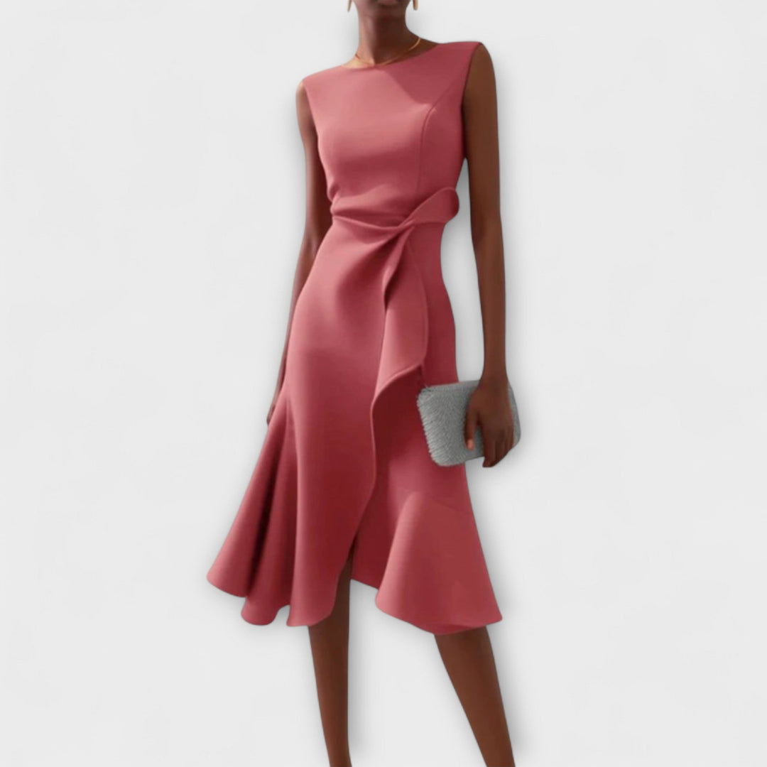 Dusty rose sleeveless midi dress with ruffled asymmetric hemline