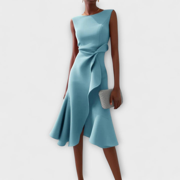 Duck egg blue sleeveless midi dress with draped side ruffle detail