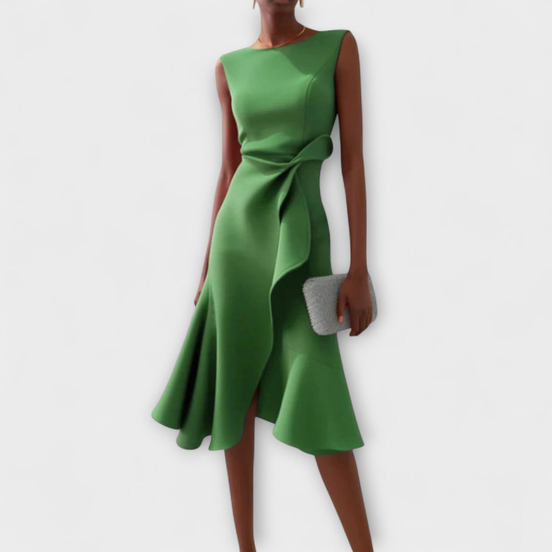 Emerald green sleeveless midi dress with draped waist tie feature