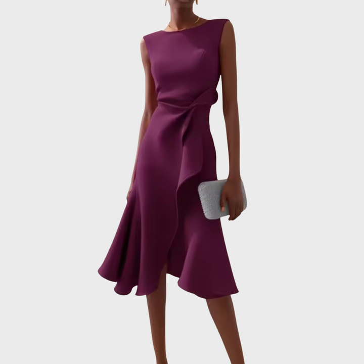 Deep plum sleeveless midi dress with asymmetric ruffled skirt