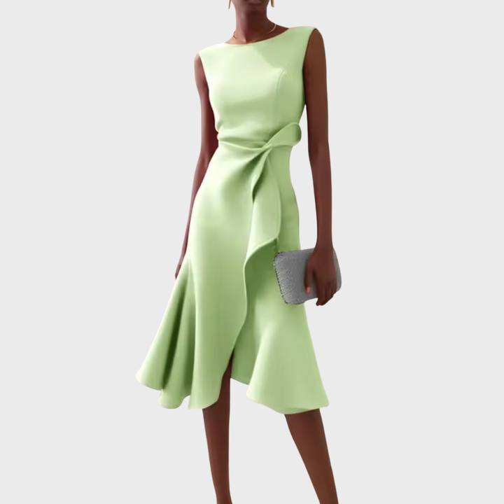 Pistachio green sleeveless midi dress with draped waist and flared hem