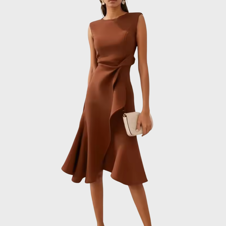 Chestnut brown sleeveless midi dress with cascading side ruffle