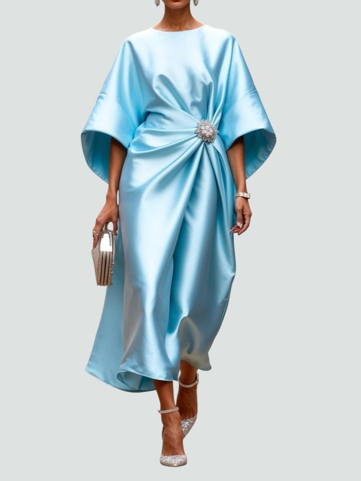 Pale blue satin midi dress with batwing sleeves and crystal waist detail