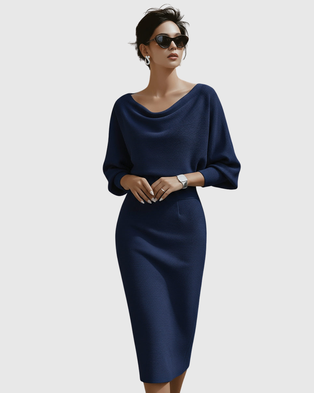 Navy ribbed batwing midi dress with draped cowl neckline and fitted skirt