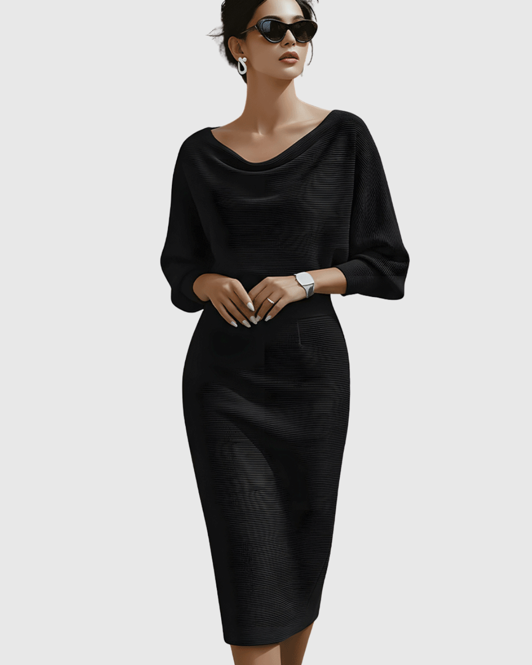 Black ribbed batwing midi dress featuring draped cowl neck and long sleeves