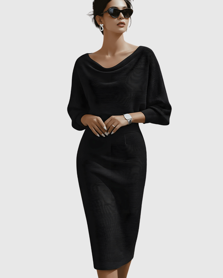Black ribbed batwing midi dress featuring draped cowl neck and long sleeves