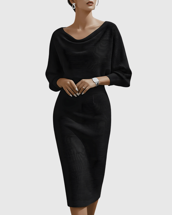 Close-up of black batwing midi dress with cowl neckline and ribbed texture