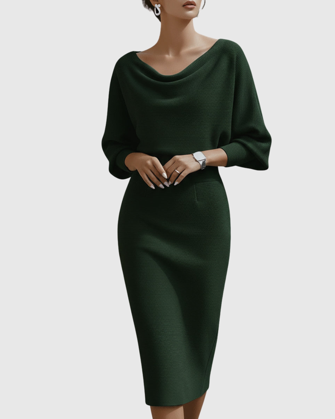 Dark green batwing midi dress showing draped neckline and pencil skirt fit