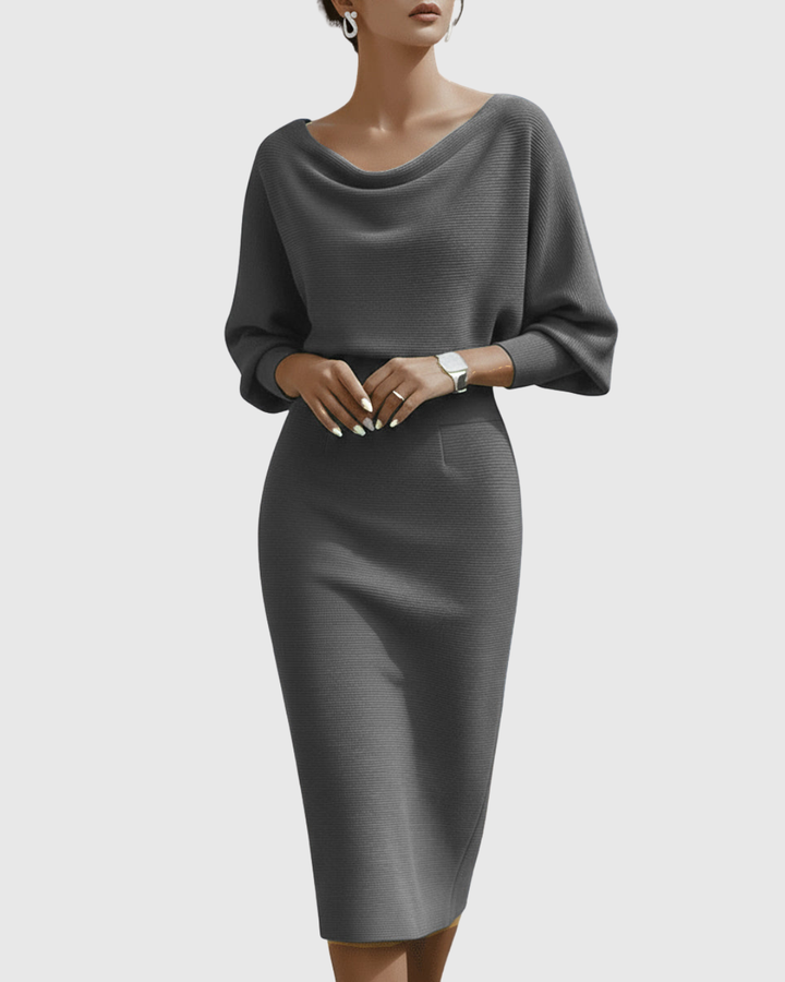 Charcoal grey ribbed midi dress with batwing sleeves and cowl neck detail