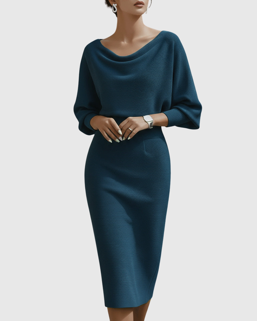 Teal batwing midi dress with draped cowl neckline and slim-fitting skirt