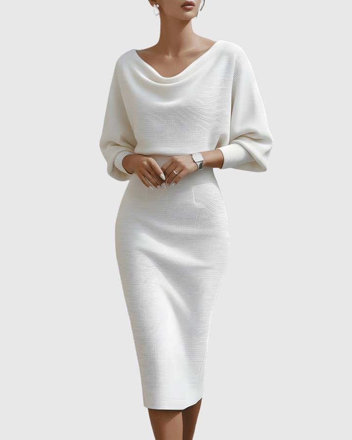 White draped batwing midi dress with cowl neck and textured ribbed fabric