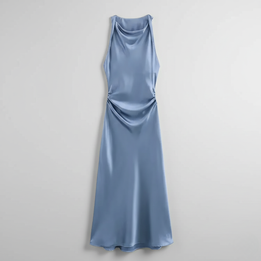 Dusty blue satin midi dress with cowl neckline and ruched waist detail