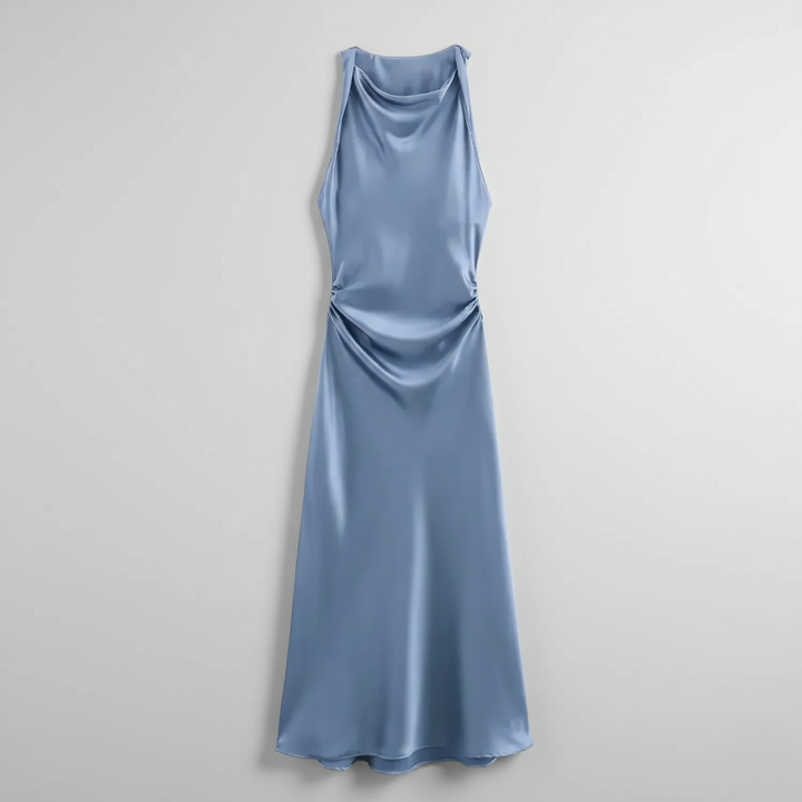 Dusty blue satin midi dress with cowl neckline and ruched waist detail