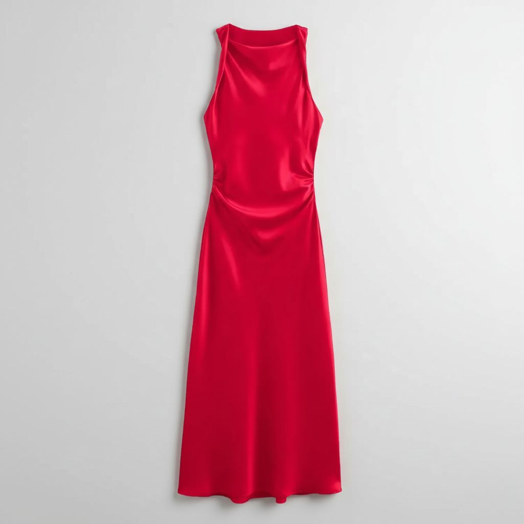Red satin sleeveless midi dress featuring high neckline and side ruching