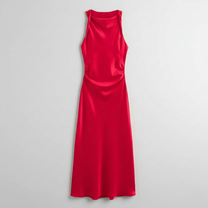 Red satin sleeveless midi dress featuring high neckline and side ruching