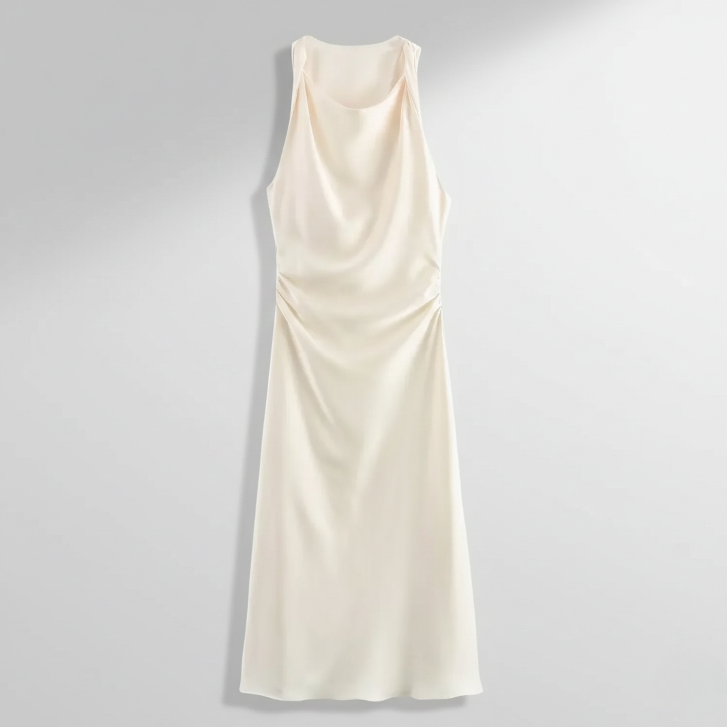 Ivory satin cocktail dress with draped cowl neck and gathered waist