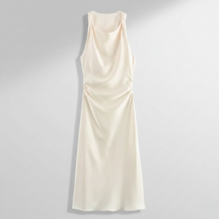 Ivory satin cocktail dress with draped cowl neck and gathered waist