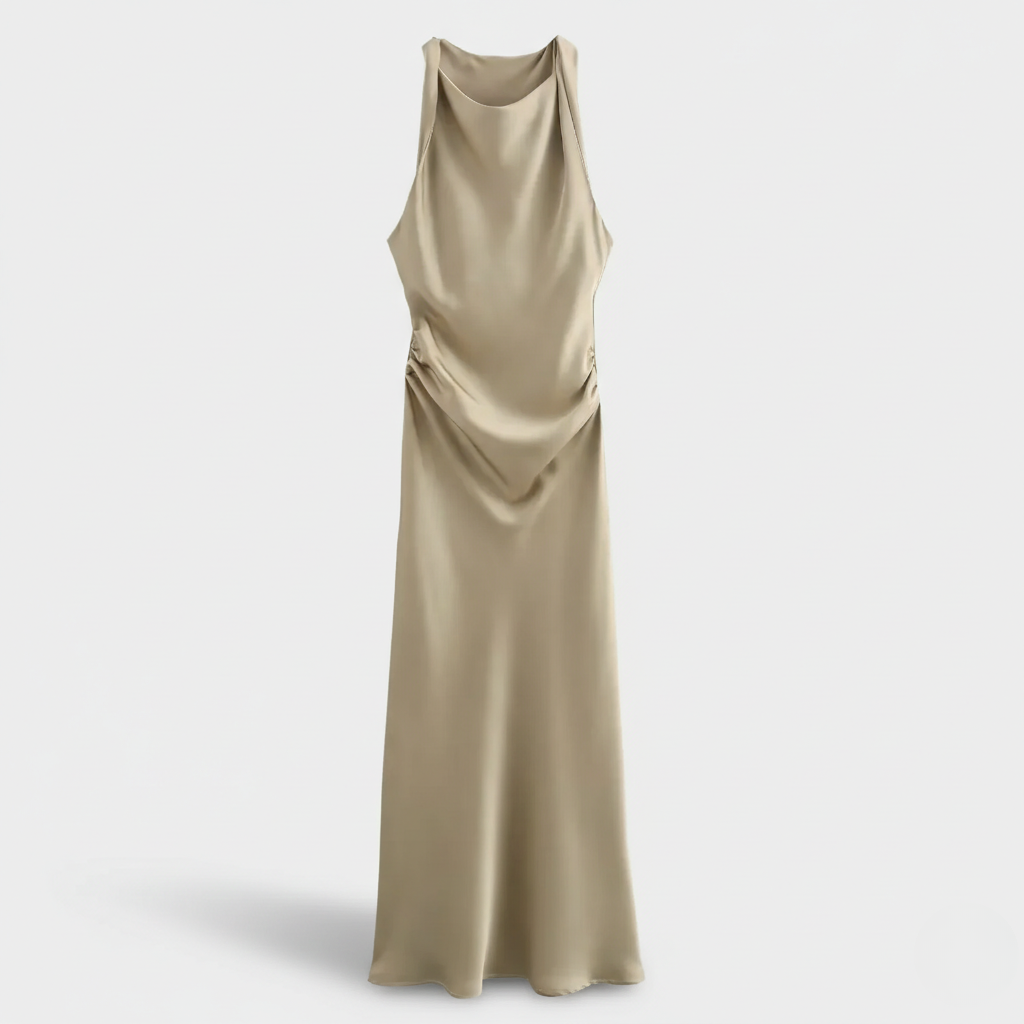 Champagne satin midi dress with halter neckline and ruched side detail