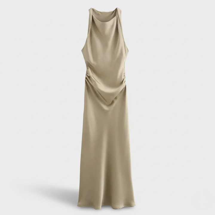 Champagne satin midi dress with halter neckline and ruched side detail