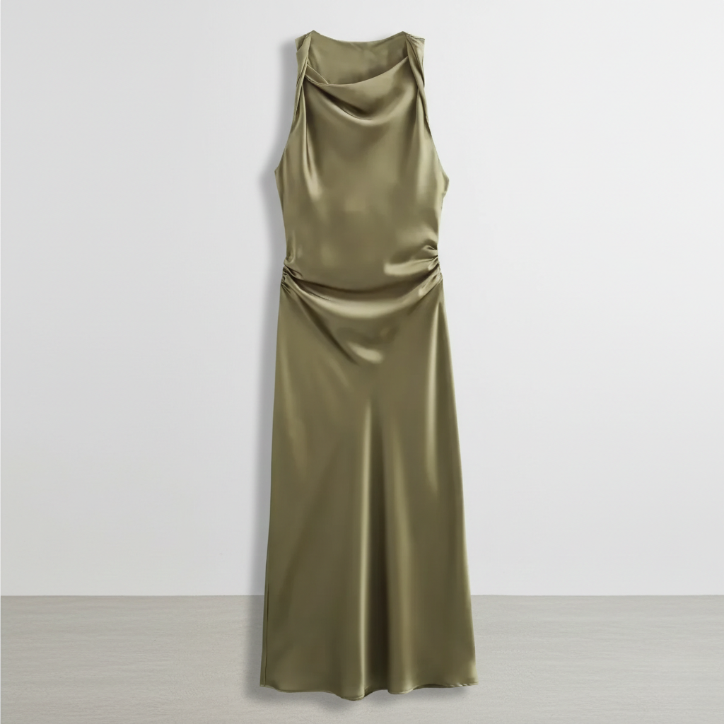 Olive green satin dress with cowl neck and cinched waist ruching