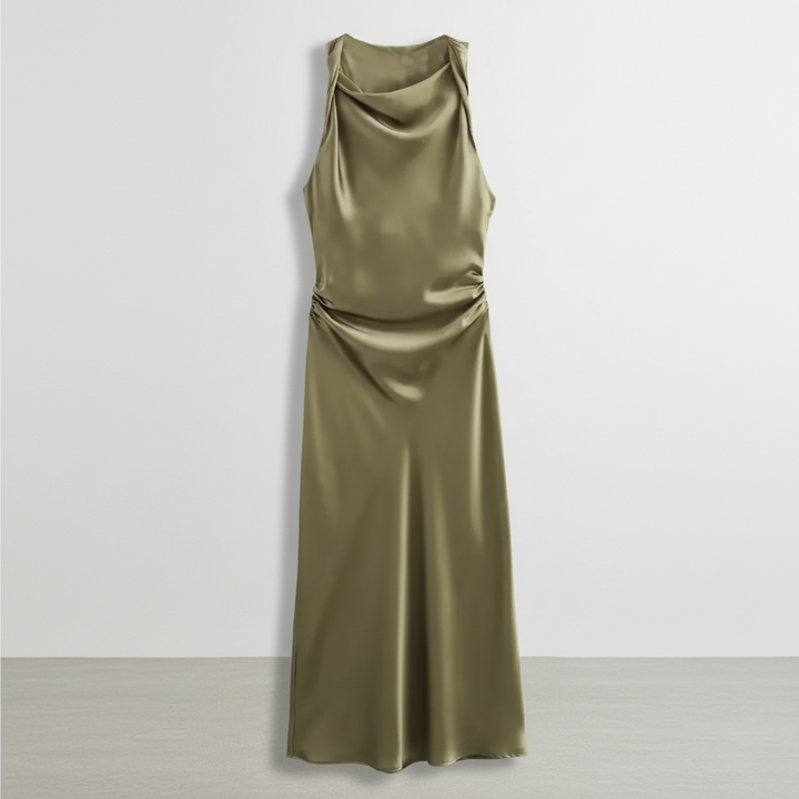 Olive green satin dress with cowl neck and cinched waist ruching