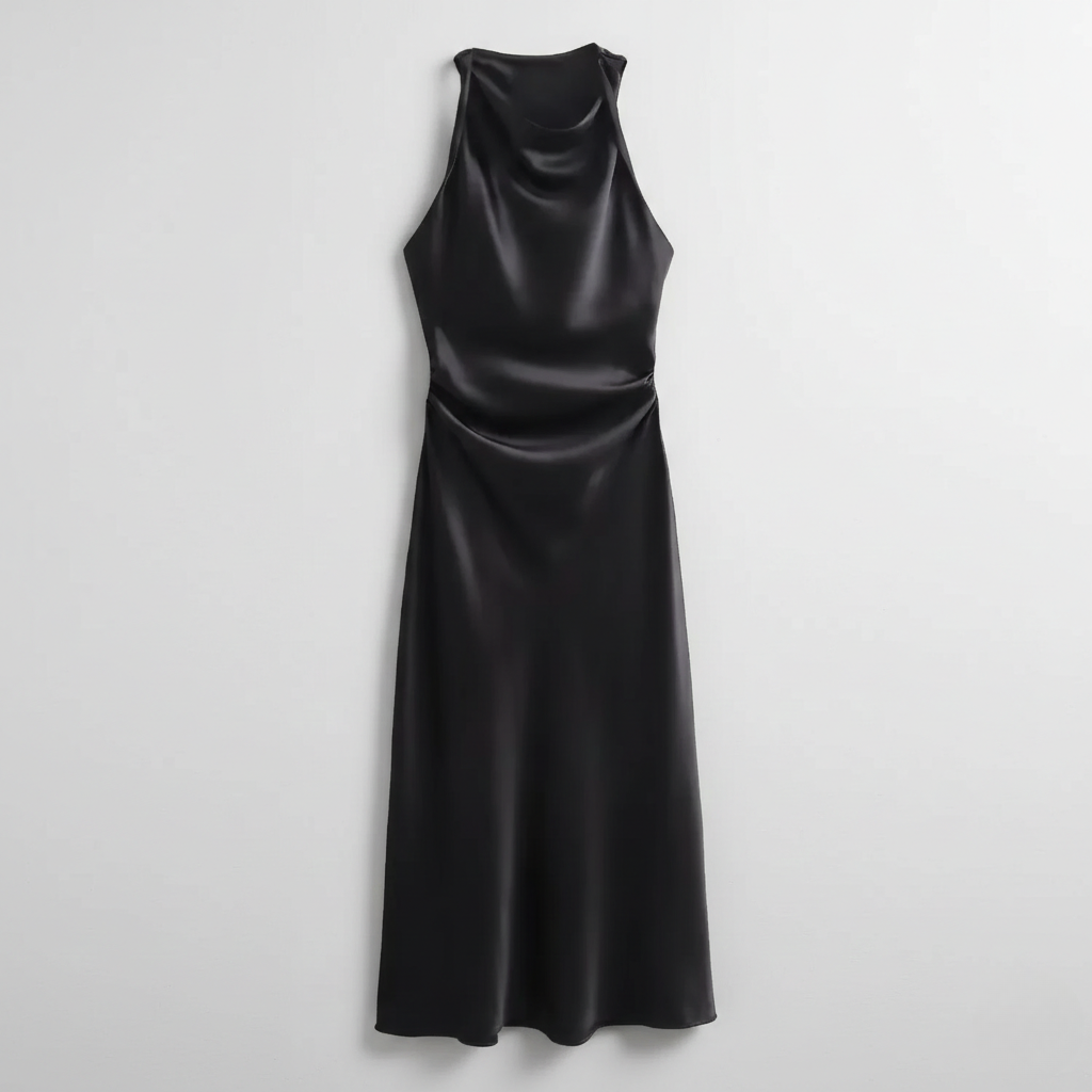 Black satin sleeveless midi dress with draped neckline and ruched sides