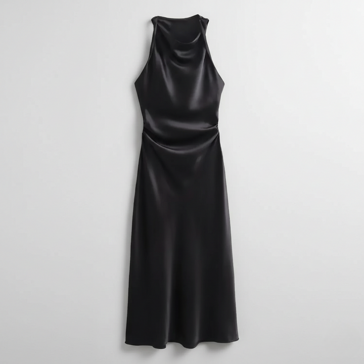 Black satin sleeveless midi dress with draped neckline and ruched sides