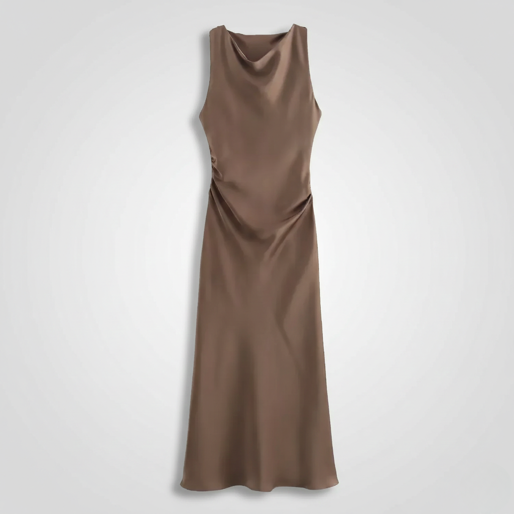 Taupe satin cocktail dress featuring cowl neckline and ruched waistline