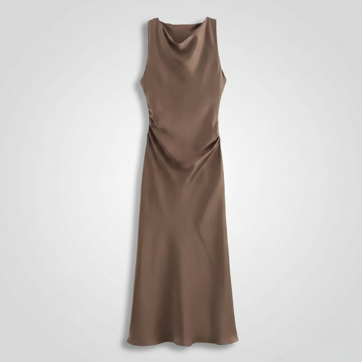 Taupe satin cocktail dress featuring cowl neckline and ruched waistline