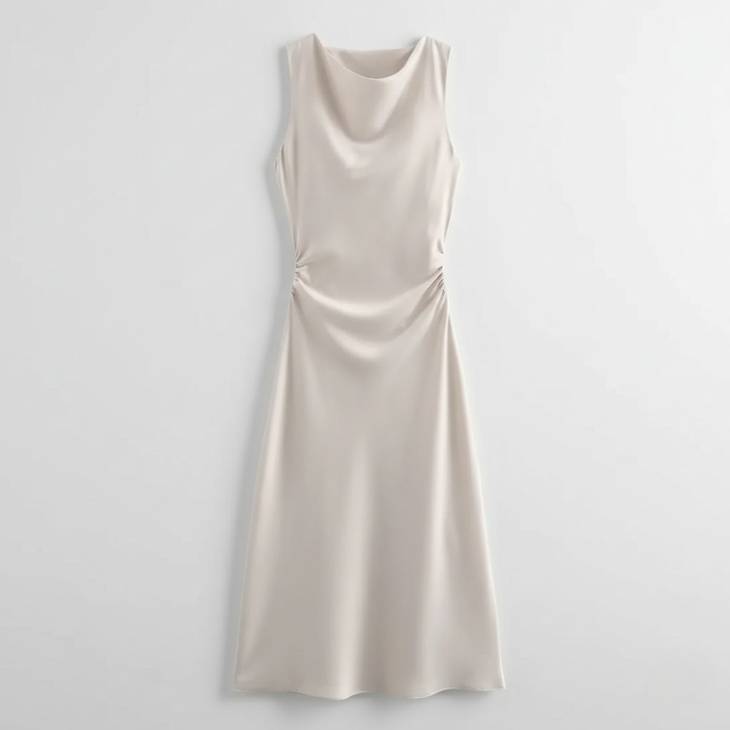 Stone grey satin midi dress with high neck and gathered waist detail