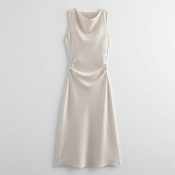 Stone grey satin midi dress with high neck and gathered waist detail