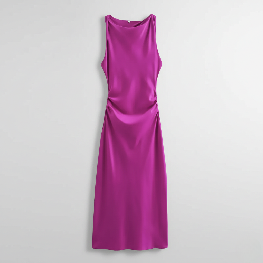 Magenta satin sleeveless dress with cowl neckline and ruched side seams