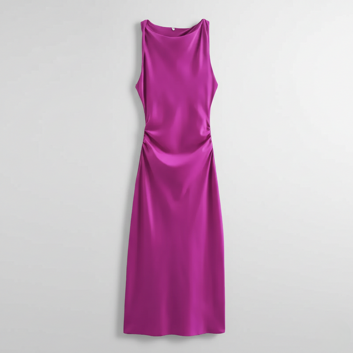 Magenta satin sleeveless dress with cowl neckline and ruched side seams