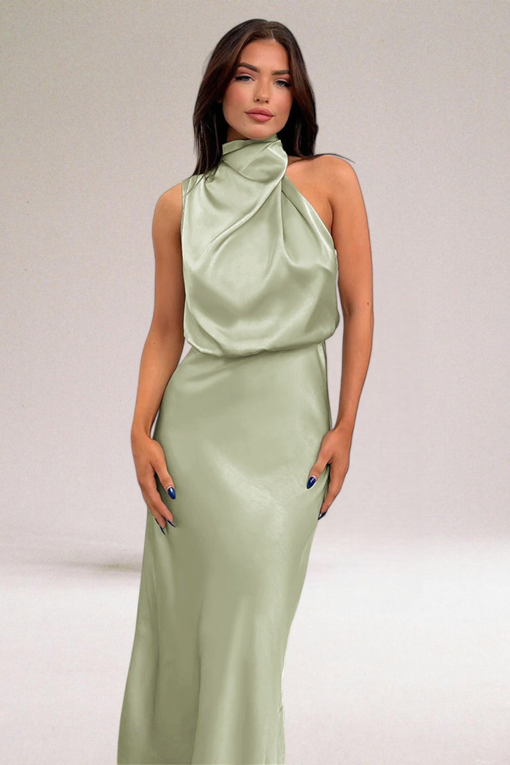 Sage green satin halter neck maxi dress with draped cowl detail
