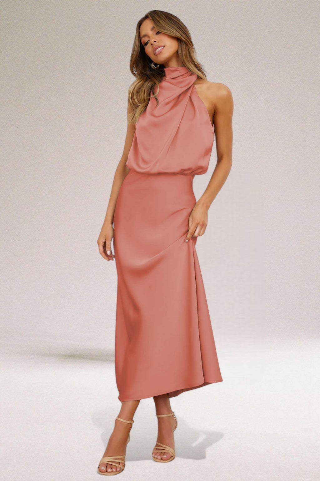 Dusty pink satin halter maxi dress with draped cowl neck detail