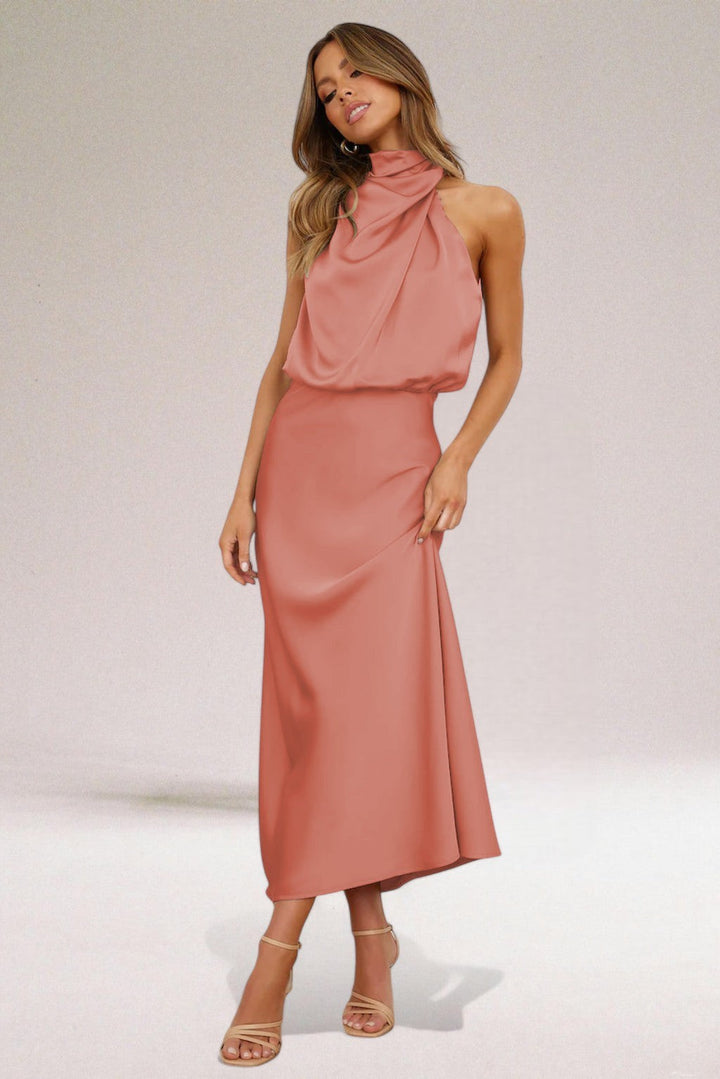 Dusty pink satin halter maxi dress with draped cowl neck detail