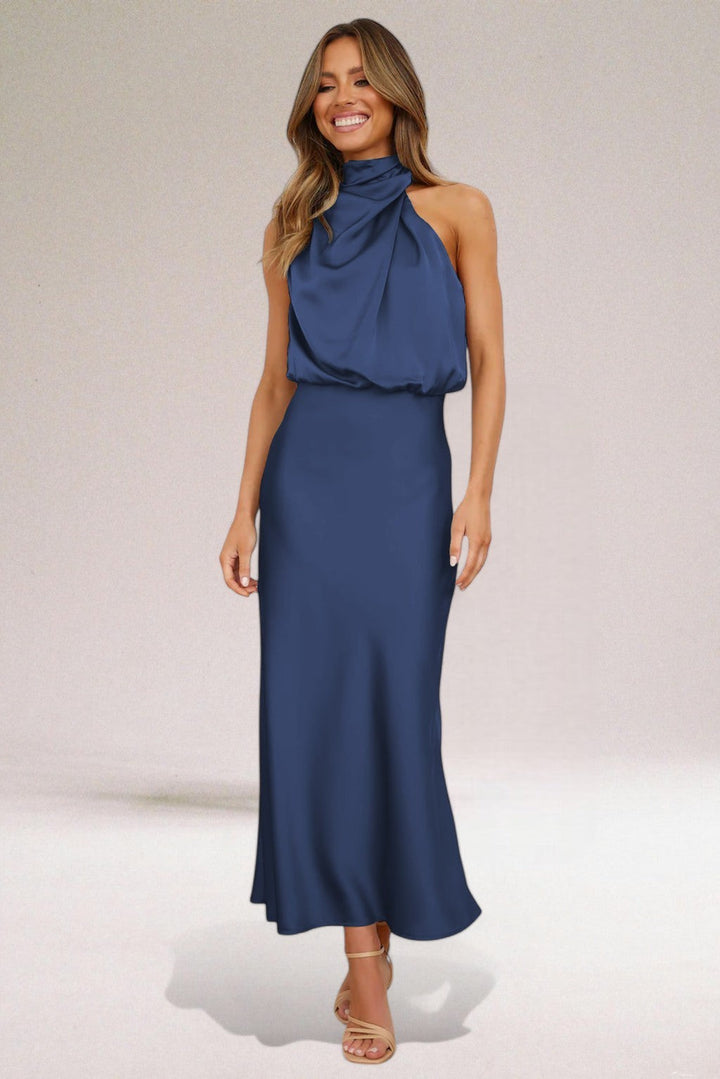 Navy satin halter neck dress with gathered blouson top and midi skirt