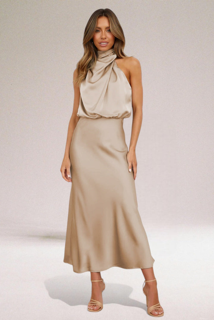 Champagne satin halter neck midi dress with draped bodice detail