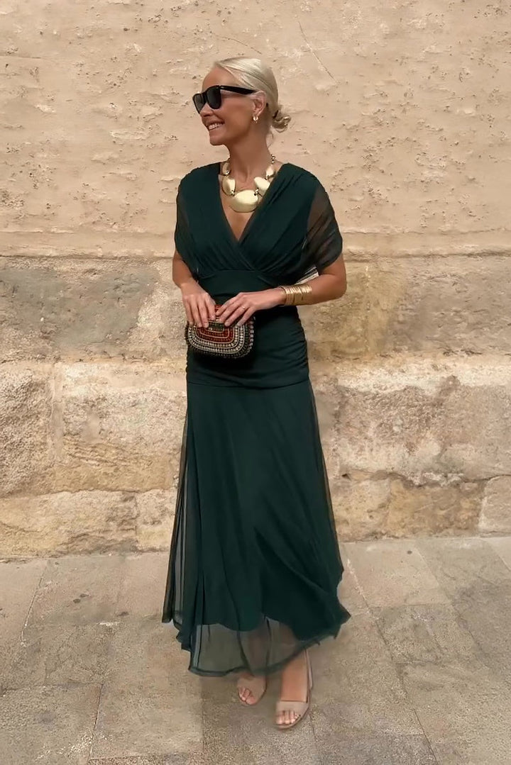 Forest green mesh maxi dress with draped V-neck and ruched waist detail