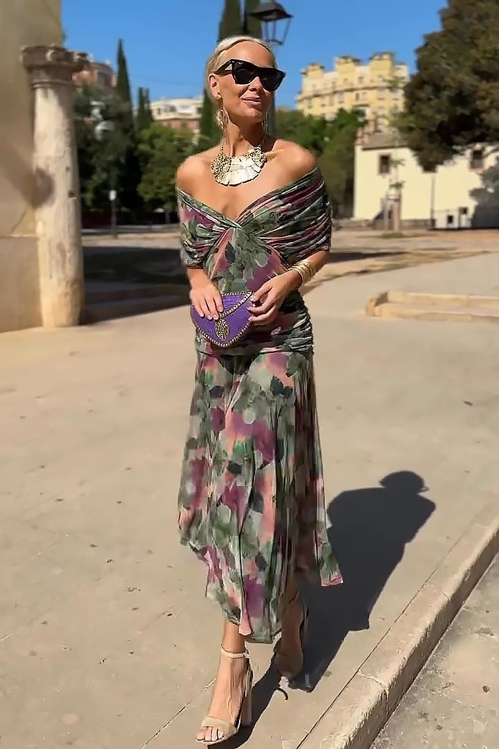 Off-shoulder floral maxi dress in green and pink watercolour print