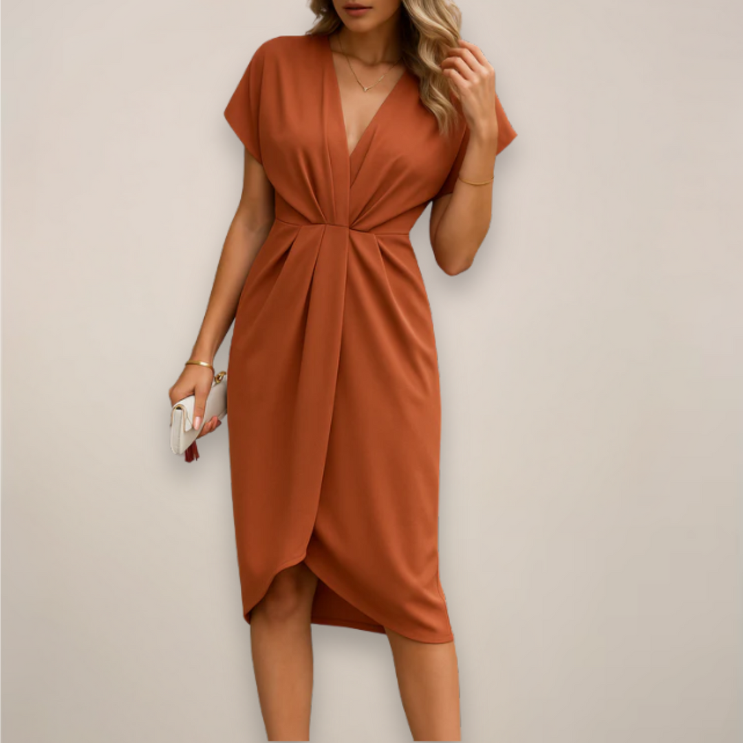 Rust orange wrap midi dress with V-neck and gathered waist tie