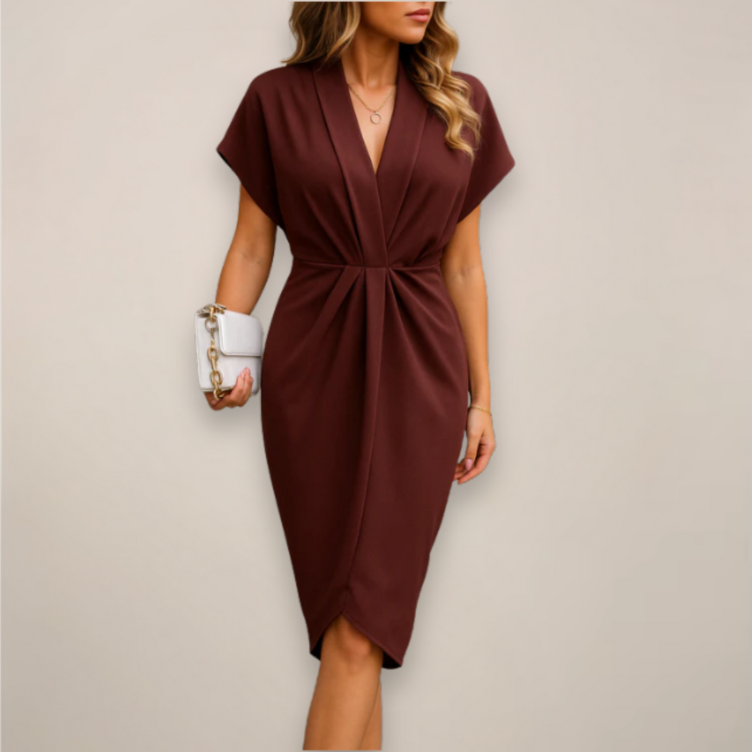 Burgundy wrap midi dress with V-neckline and cap sleeves, gathered waist