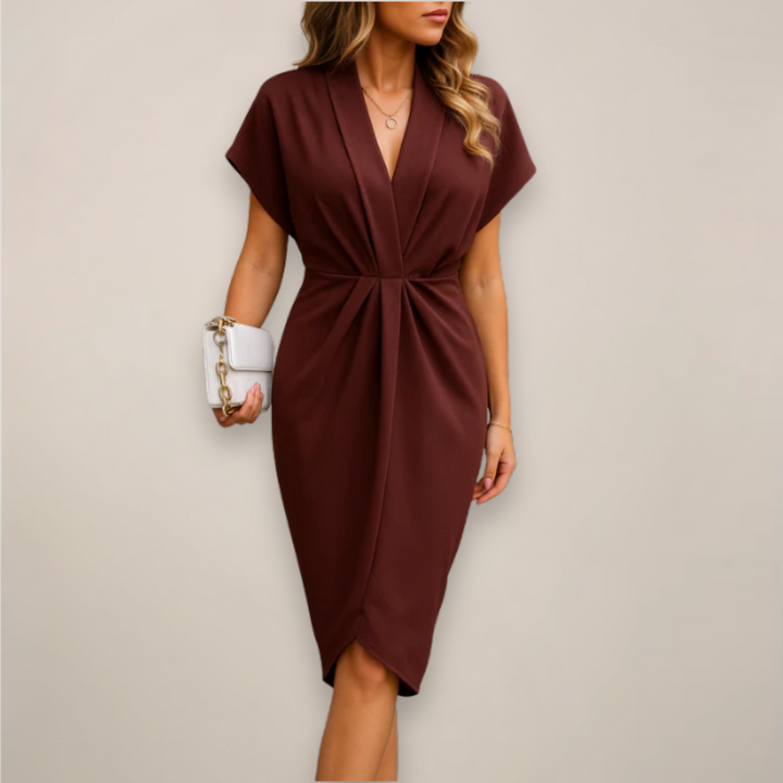 Burgundy wrap midi dress with V-neckline and cap sleeves, gathered waist