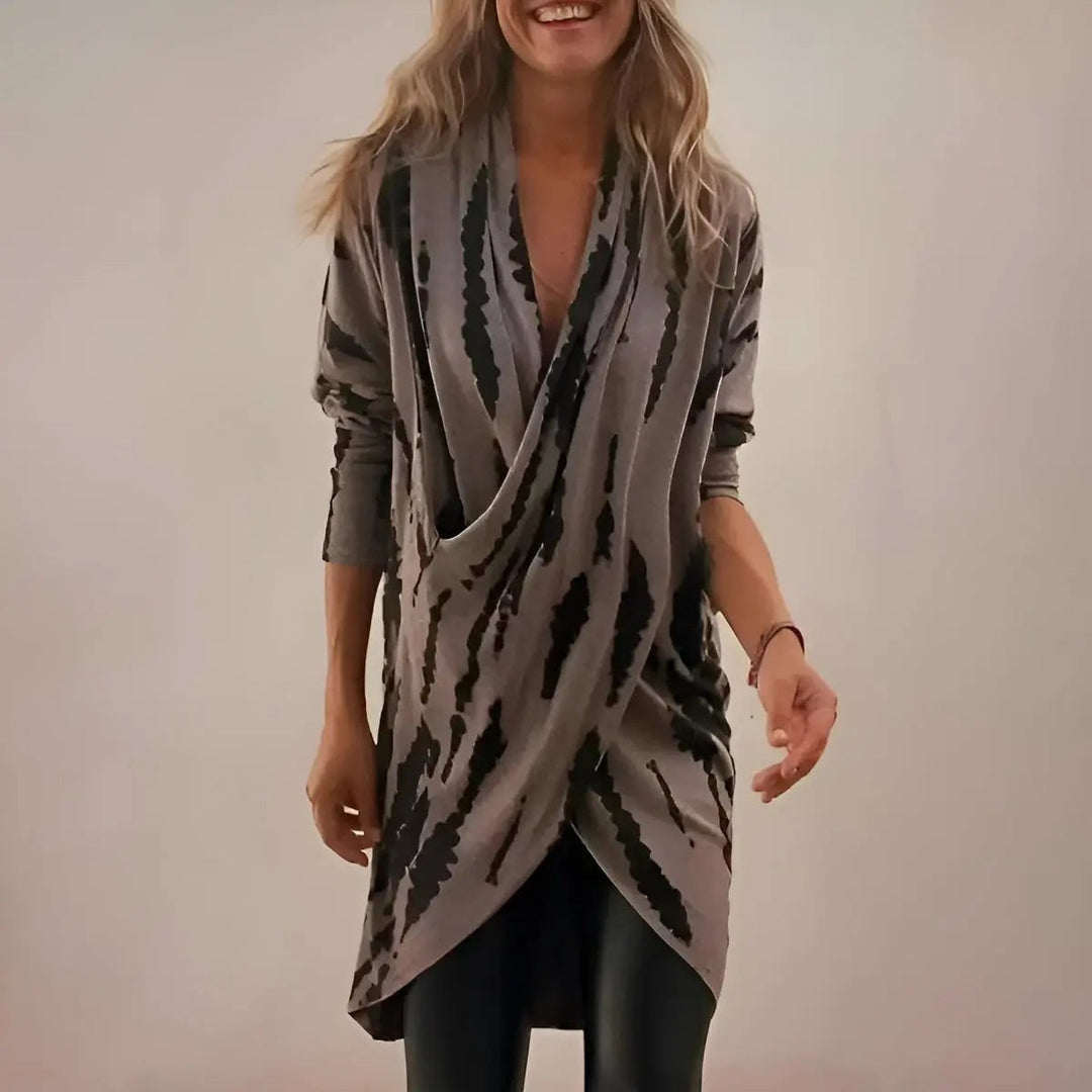 Grey and black abstract print draped longline tunic with plunging V-neck