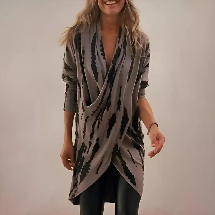 Grey and black abstract print draped longline tunic with plunging V-neck